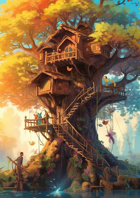 Tree House Fantasy Art, Tree House Art, Phone Wallpaper Autumn, Fantasy Tree House, Tree House Drawing, Wallpaper Tree, Forest Houses, Wallpaper S, Beautiful Tree Houses