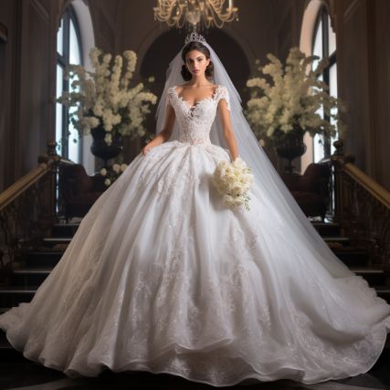 This iconic dress features a fitted bodice adorned with intricate lace and sparkling beadwork. The full skirt cascades gracefully, made from layers of luxurious satin and tulle. The dress exudes elegance and grandeur, making it the ideal choice for a traditional and formal wedding set in a grand ballroom or cathedral. Wedding Dress With Layers, Ballroom Wedding Dress, Ballroom Wedding Dresses, Dress With Layers, Grand Ballroom, Iconic Dresses, Ballroom Wedding, Wedding Set, Bridal Dress