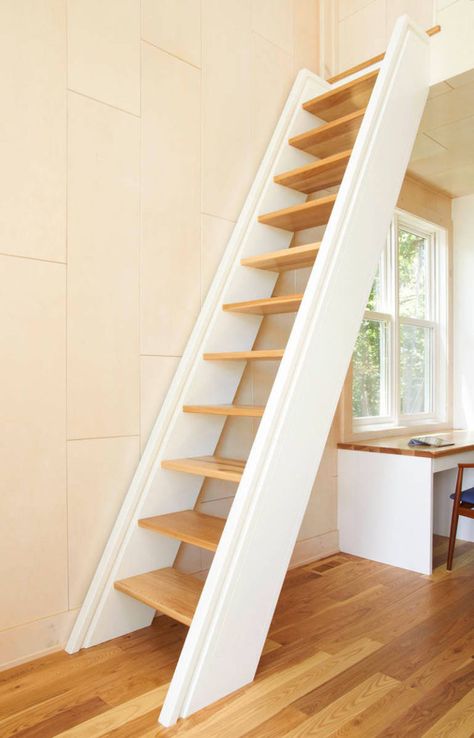 13 Stair Design Ideas For Small Spaces // A super vertical staircase, like this one, frees up space around the stairs but feels more sturdy than a completely vertical ladder. Space Saving Staircase, Loft Staircase, Attic Staircase, Stair Ladder, Tiny House Stairs, Attic Window, Attic Loft, Escalier Design, Loft Stairs