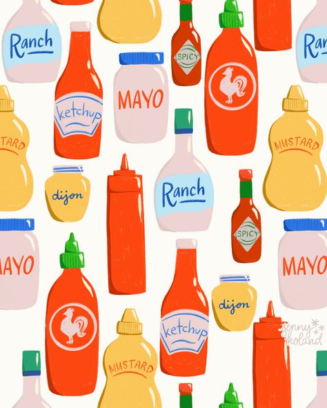 Here to celebrate the heavy lifters of summer picnics: condiments! Are you on team condiments or no? #surfacepatterndesign #foodpattern #picnicpattern #summerpattern #condiments #patterndesign #artlicensing #artforlicensing #foodillustration #packagingpattern Conversational Prints, Summer Picnics, Spicy Mayo, Food Patterns, Art Licensing, Summer Patterns, Summer Picnic, Food Illustrations, Surface Pattern Design