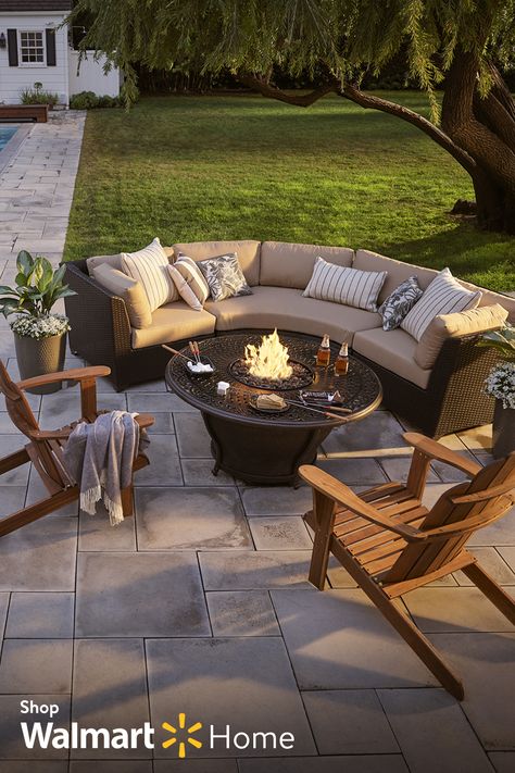 With a firepit & some outdoor lighting, the party doesn’t have to stop when the sun goes down. Southern Garden, Outdoor Couch, Outside Living, House With Porch, Backyard Fire, Backyard Living, Sun Goes Down, Dream Backyard, Outdoor Heating