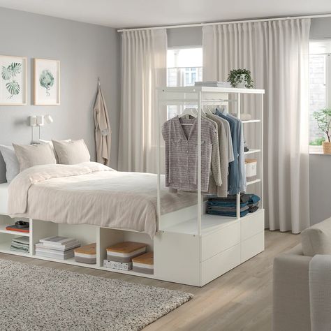 Cama Ikea, Open Shelving Units, No Closet Solutions, Ikea Bedroom, Ikea Bed, Dekorasi Kamar Tidur, Material Bed, Bed Frame With Storage, Bed Slats