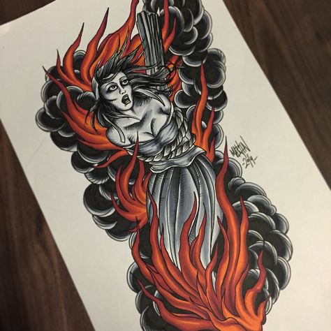 Sorceress Tattoo Design, Witch At Stake Tattoo, Witch Burning Drawing, Burning Witch Tattoo Traditional, Burning Witch Drawing, Burning Witch Art, Witch Burning Art, Witch Burning At Stake, Witch Tattoo Traditional