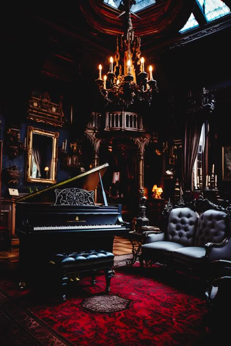 Gothic Living Room Ideas Victorian, Haunted Living Room, Grand Piano Aesthetic, Vampire Room, Gothic Home Interior, Victorian Gothic Home Decor, Intricate Woodwork, Gothic Living Room, Vampire House