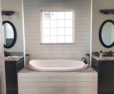 Shiplap tub surround. Farmhouse bathroom. Shiplap Bathroom Tub Surround, Shiplap Around Bathtub, Shiplap Tub Surround, Powder Room Laundry Combo, Farmhouse Bathroom Tub, Closet Bathroom Ideas, Master Closet Bathroom, Powder Room Laundry, Silver Bathroom Accessories