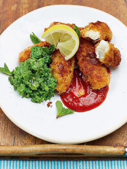 Homemade fish fingers | Jamie Oliver recipes Homemade Fish Fingers, Smashed Peas, Fish Fingers, British Recipes, Mushy Peas, Fish Finger, Jamie Oliver Recipes, Fish Recipes Healthy, Healthy Fish