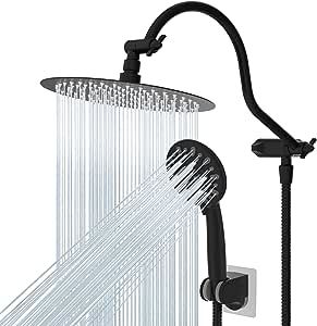 All Metal Shower Head,10 Inch High Pressure Rainfall Shower Head/Handheld Showerhead Combo/ 12 Inch Adjustable Curved Shower Extension Arm,7-Spray,71-inch Hose Adhesive Showerhead Holder,Matte Black - Amazon.com Shower Extension, Large Shower Heads, High Pressure Shower Head, Shower Head Holder, Dual Shower Heads, Rainfall Shower Head, Large Shower, Black Shower, Handheld Shower Head