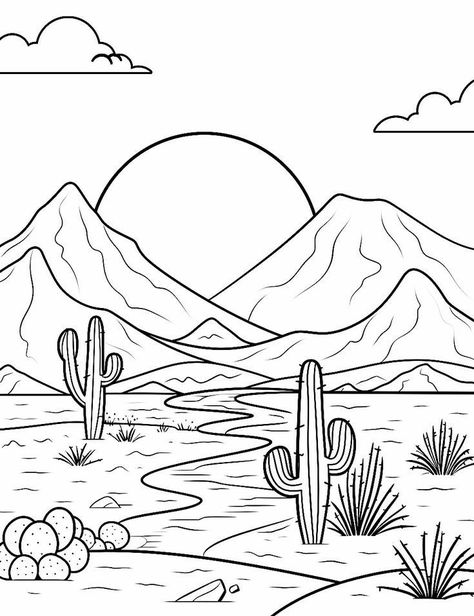 Nature Coloring Pages For Adults, Simple Nature Drawing, Nature Coloring Pages, Desert Drawing, Mountain Sketch, Landscape Design Drawings, Free Nature, Desert Scene, Coloring Pages Free Printable