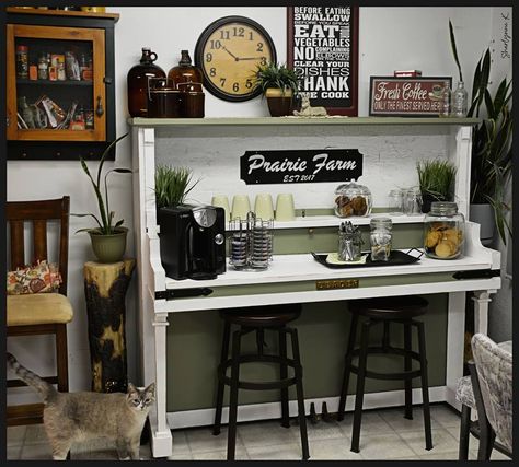 How awesome is this?  An old broken down piano was turned into this cute coffee bar area.  #diy #pianomakeover #repurpose Piano Coffee Bar, Piano Desk, Piano Decor, Piano Ideas, Old Pianos, Coffee Bars In Kitchen, Home Coffee Bar, Coffee Bar Home, Estilo Country