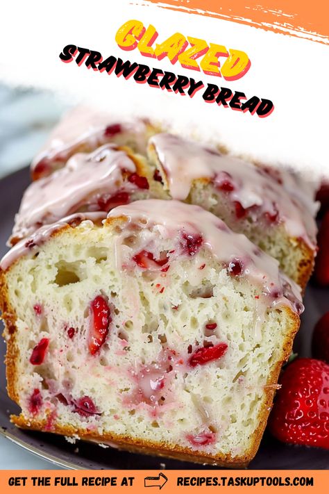 Delight your taste buds with our Glazed Strawberry Bread! Bursting with fresh strawberry flavor and topped with a sweet glaze, this aromatic bread recipe is a must-try. Perfect for breakfast, desserts, or as a special treat  start reaping hearty compliments by sharing it with your loved ones today! Follow the easy steps on our pin now and revel in its deliciousness. Don't forget to pin it to your favorite dessert board! Strawberry Buckle Recipe, Strawberry Sweet Bread, Glazed Strawberry Bread, Strawberry Quick Bread, Strawberry Loaf Bread, Strawberry Bread Recipe Easy, Bake With Strawberries, Strawberry Breakfast Recipes, Recipes With Strawberries