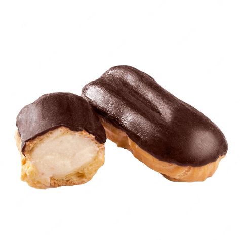 Premium Photo | Traditional french dessert choux pastry eclair stuffed with milk cream custard and topped with chocolate glaze isolated on white background Traditional French Desserts, Bday Dinner, Cream Custard, Chocolate Eclair, Choux Pastry, French Dessert, Milk Cream, Chocolate Glaze, French Pastries