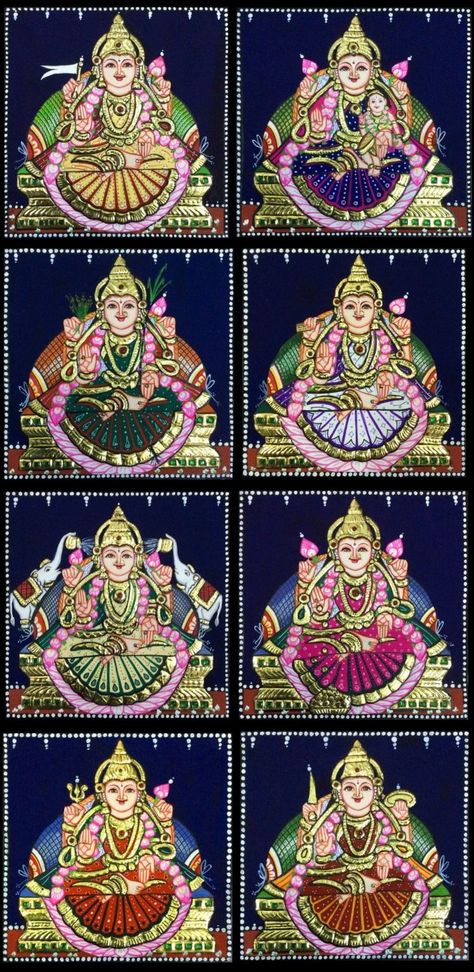 Ashtalakshmi Tanjore Paintings, Ashta Lakshmi Tanjore Painting, Ashtalakshmi Painting, Ashtalakshmi Images, Asta Lakshmi Photos, Tanjore Sketches, Krishna Tanjore Painting, Thanjavur Painting, Lakshmi Photos