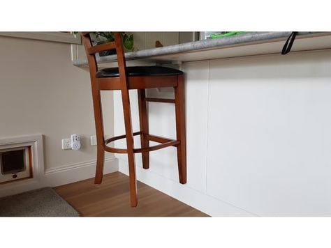 We have a couple of robot vacuum cleaners, so my wife always puts the bar stools up on the kitchen bench to allow them to clean under there. I first tried installing some brackets under the bench to hang the stools slightly off the floor. However, you hit them with you knees when sitting at the bench. So In decided to make the brackets swing up out of the way when not in use. These work well. To install them, essentially you have to mount the brackets in the retracted position (as shown in the Kitchen Bench, Kitchen Benches, Vacuum Cleaners, Robot Vacuum Cleaner, Robot Vacuum, The Bar, My Wife, Bar Stool, Stools