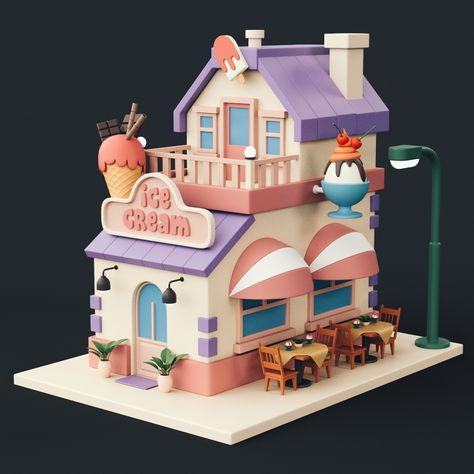 ArtStation - Cartoon Ice Cream Shop, Piccopoly Cartoon Ice Cream, Cartoon Flower, Cartoon House, Isometric Art, Isometric Design, Low Poly Art, Cartoon Flowers, Building Art, Game Concept Art