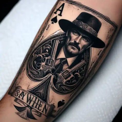 Wyatt Earp Tattoo, Outlaw Tattoos For Men, Doc Holiday Tattoo, Doc Holliday Tattoo, West Tattoo, Outlaw Tattoo, Ace Of Spades Tattoo, Cowboy Tattoo, Bull Skull Tattoos