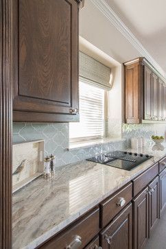 Fantasy Brown Granite with Ann Sacks Lucien tile in Arabesque - Azure. Fantasy Brown Granite, Types Of Kitchen Countertops, Brown Kitchen Cabinets, Fantasy Brown, Brown Granite, Kitchen Countertop Materials, Ann Sacks, Crock Pot Recipes, Brown Cabinets