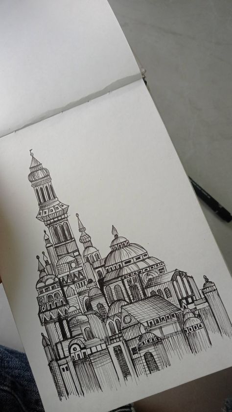 Drawing Non Living Things, Mountains Pencil Drawing, Fine Line Building Drawings, Arhitecture Draw Buildings, Micron Pen Art Sketches Architecture, Trending Art Ideas, Sketchbook Buildings, Unique Drawings Creative Sketch, Cities Drawing