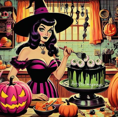 50s Witch, Halloween Pinup Art, Pinup Halloween, Recipe Artwork, Rockabilly Halloween, Halloween Pinup, Autumn Artwork, Vintage Halloween Cards, Halloween Pin Up