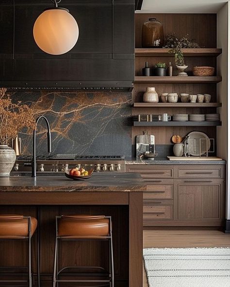 Black Gray Wood Kitchen, Moody Kitchen Brown Cabinets, Home Interior Design Dark Wood, Soapstone With Dark Cabinets, Dark Cabinets And Countertops, Mediterranean Kitchen Black Countertops, Dark Countertops With Dark Cabinets, Kitchen Dark Marble Countertops, Chef Kitchen Aesthetic