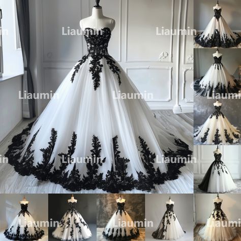 Black Wedding Dress White Lace, White Wedding Dresses With Black Lace, Black Wedding Dresses White Lace, Wedding Dress White With Black Lace, Black Lace Over White Wedding Dress, Black And White Wedding Dresses, Lace Applique Wedding Dress, White Wedding Dresses, Lace Applique