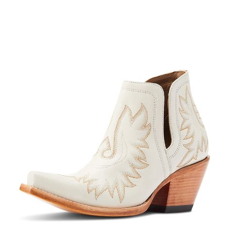 Ariat Women's Dixon Western Bootie - Blanco- FINAL SALE WOMEN - Footwear - Boots - Booties Ariat Footwear Embroidery Heels, Mens Boots Casual, Boot Companies, New West, Side Design, Western Boots Women, Western Booties, Western Boot, Leather Booties