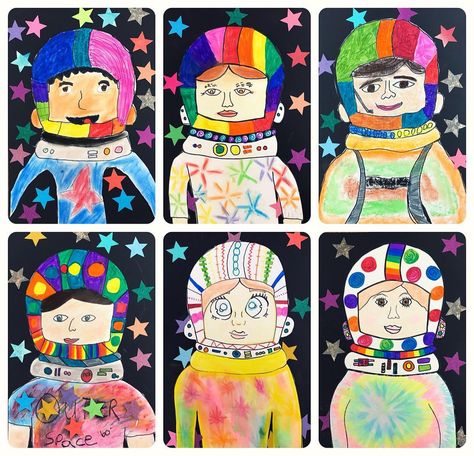 SCS Art Teacher on Instagram: “Groovy astronauts from fourth grade!  This @deepspacesparkle lesson is out of this world! ⭐️🚀 We loooove all of that COLOR! #arted…” Outer Space Art Lessons Elementary, Space Art Astronaut, Space Art Elementary, Outer Space Art For Kids, Space Art Lessons Elementary, Space Themed Art Projects For Kids, Astronaut Art For Kids, Planet Art For Kids, Outer Space Art Projects