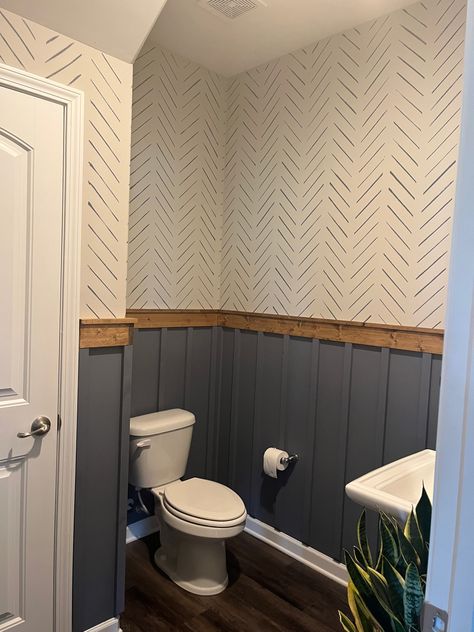 Half Panel Bathroom Walls, Bathroom Remodel Wall Ideas, All Bathroom Ideas, Half Bath Cottage Core, Turning Half Bath Into Full Bath, Bathroom Painted Wainscoting, Half Bathroom Modern Farmhouse, Dark Waynes Coating Bathroom, Farmhouse Style Half Bath