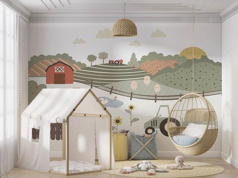 Farm Animal Playroom, Farmyard Bedroom, Children Bedroom Wallpaper, Farm Kids Room, Boys Farm Bedroom, Playroom Murals, Tractor Bedroom, Farm Mural, Childrens Bedroom Wallpaper