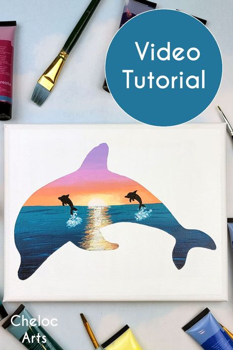 Dolfin Painting Acrylic, Dolphin Outline, Dolphin Sunset, Scuba Vbs, Ocean At Sunset, Dolphin Tale, Dolphin Painting, Ombre Paint, Room Checklist