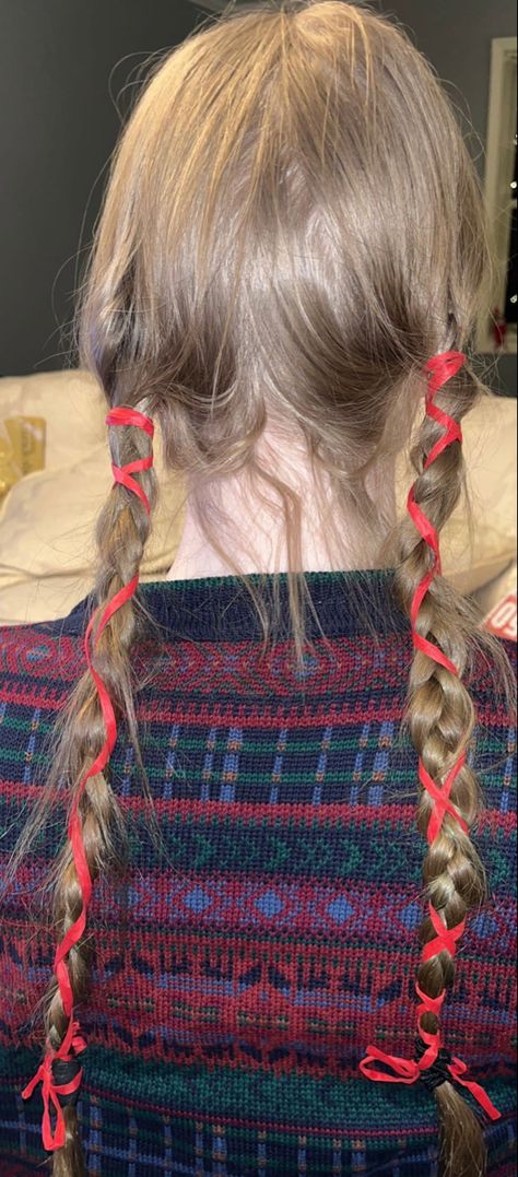 Pigtail Braids With Ribbon, Long Braided Pigtails, Pigtail Plaits, Red Ribbon Hair, Hair Braid Ribbon, Braid Pigtails, Braided Pigtails, Girl With Pigtails, Ribbon Braids