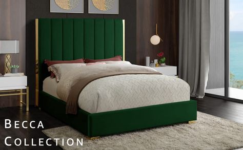 Amazon.com: Meridian Furniture Becca Collection Modern | Contemporary Velvet Upholstered Bed with Deep Channel Tufting and Polished Gold Metal Frame, Green, Full : Home & Kitchen Chic Bed, Velvet Upholstered Bed, Storage Platform, Upholstered Panel Bed, Velvet Bed, Green Bedding, Contemporary Bedroom Decor, Meridian Furniture, Upholstered Panels