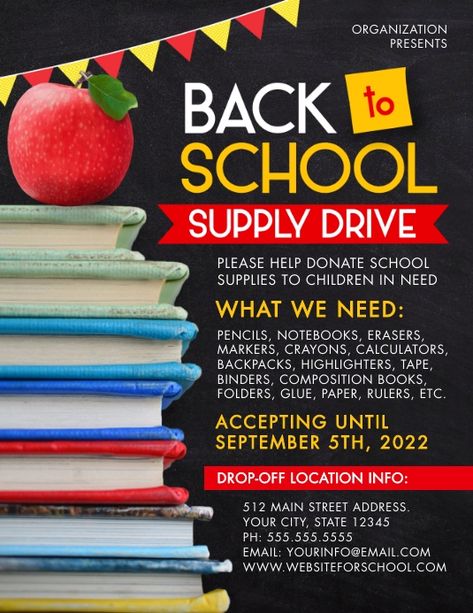 Donation Drive Poster Ideas, Back To School Drive, How To Ask For Donations For School, School Supplies Donation, Back To School Flyer Template Free, Back To School Sales Flyer, Food Drive Flyer, School Donations, School Supply Drive