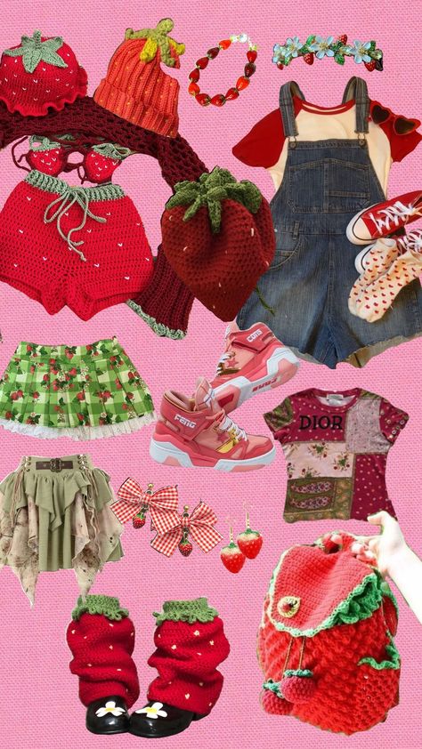 strawberry vibes outfit ideas / inspo Fruit Aesthetic Outfit, Fruitcore Outfits, Strawberry Themed Outfit, Food Inspired Outfits, Strawberry Vibes, Strawberry Shortcake Outfits, Strawberry Ideas, Strawberry Outfit, 25th Bday