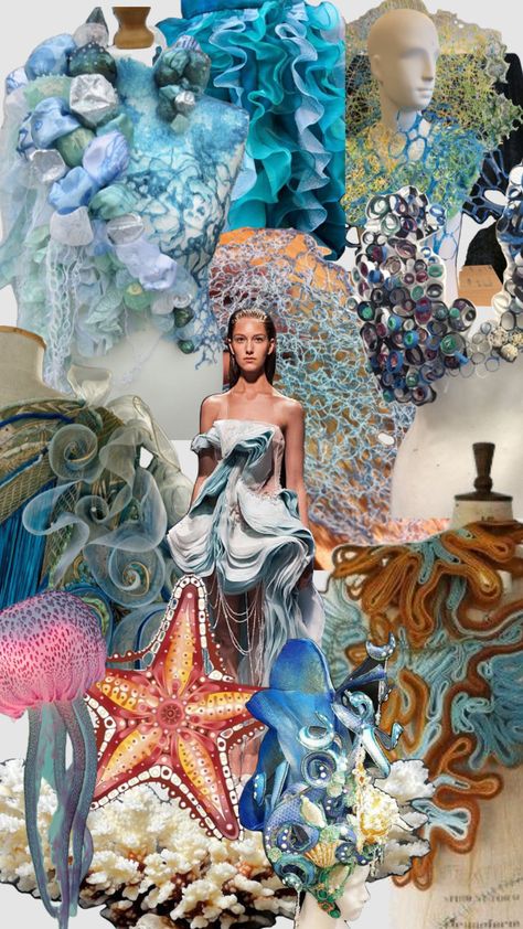 Sea Mermaid Aesthetic, Ss24 Fashion Trends, Fashion Design Inspiration Board, Mood Board Fashion Inspiration, Ss24 Fashion, Water Fashion, Textiles Sketchbook, Dunhuang, Ocean Fashion