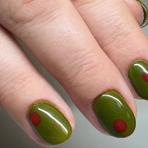 Kaylene on Instagram: "A lil festive olive mani 🫒 - - #nails #nailart #naildesigns #olives #greenolives #olivenails #nailsofinstagram #nailsoftheday" Short Olive Nails, Olive Nails Acrylic, Olive Nails Design, Green Olive Nails, Olive Nail Art, Olive Green Nails Designs, Olive Nail Designs, Spanish Nails, Nails Olive