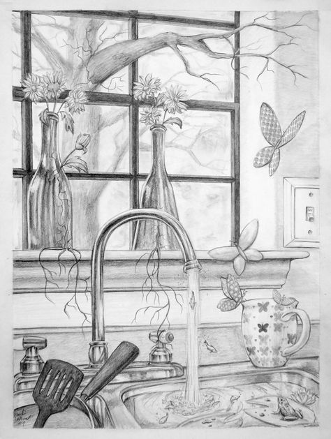 Sink Drawing Reference, Kitchen Sink Tattoo, Kitchen Sink Drawing, Sink Sketch, Kitchen Drawing Sketch, Sink Illustration, Sink Drawing, Drawing Cup, Window Over Sink