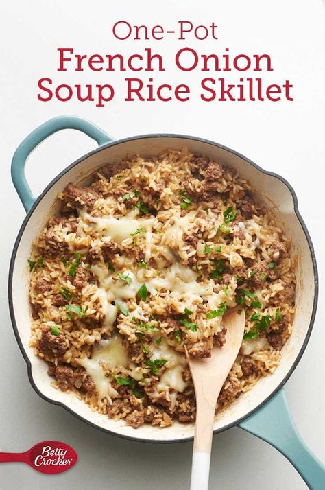 French Onion Soup Rice, Onion Soup Rice, Soup Rice, Rice Skillet, Cheap Clean Eating, Skillet Dishes, One Pot Dinners, French Onion Soup, French Onion