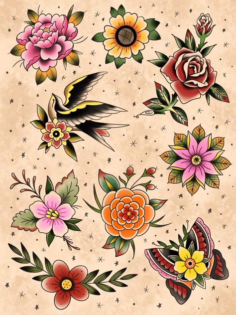 Gap Filler Tattoo Ideas Traditional Styles, Traditional Tattoo Art For Women, Tattoo Art Traditional, Traditional Tattoo Flash Sheet Vintage, Western Themed American Traditional Tattoos, American Traditional Flower Tattoo Flash, Patchwork Tattoo Ideas American Traditional, Vintage Color Tattoo, Tradional Flower Tattoo Design