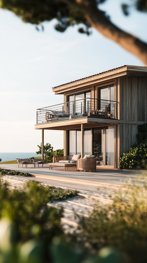 Stylish Beach House with Ocean View Deck Danish Beach House, Modern House By The Beach, Modern Beach House Plans Ocean Views, Cozy Beach House Exterior, Seaside House Exterior, Airbnb Moodboard, House Beach View, House On Piers, House With Ocean View