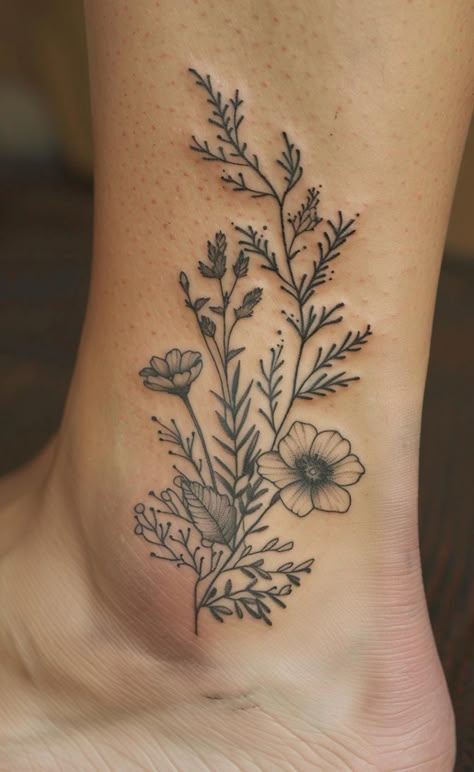 Discover the serene beauty of nature inked on skin with this exquisite botanical tattoo, embodying the wild and free essence of the earth. Cherish this art, save & follow for more inspiration. This ankle-adorned masterpiece showcases a delicate ensemble of wildflowers and herbs, including the poignant poppy. Each stroke celebrates life's intricate details and the resilience found in the natural world. Admire the finesse of black ink, capturing the spirit of flora in permanent bloom.  #BotanicalT Floral Nature Tattoo, Oregon Wildflowers Tattoo, Wild Poppy Tattoo, Delicate Nature Tattoo, Wildflower Tattoo Black And White, Ecosystem Tattoo, Wandering Tattoo, Colorado Wildflowers Tattoo, Wildflower Leg Tattoo