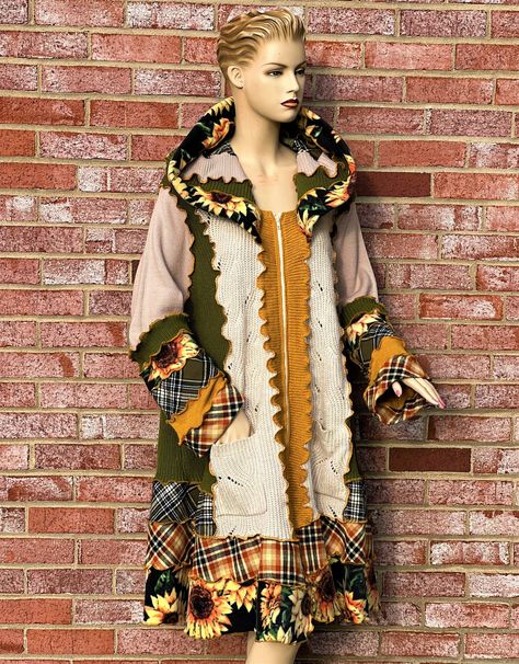 Upcycled Knitwear, Boho Sweater Coat, Sunflower Sweater, Autumn Patchwork, Sunflower Motif, Clothes Upcycle, Body Silhouette, Plus Size Streetwear, Upcycle Clothing