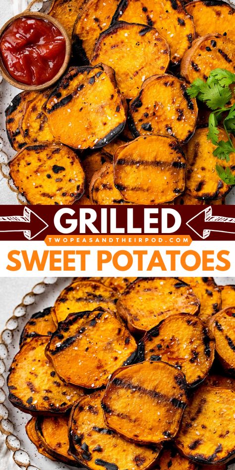 Looking for a delicious side dish recipe for dinner? These Grilled Sweet Potatoes are a healthy side dish that goes great with any meal. Add this potato side dish to your favorite summer grilling recipes! Sweet Potato On Grill Foil, Sweet Potatoes Grilled, Sweet Potatos Grilled, Sweet Potato Recipes Grilled, Grilling Sweet Potatoes, Sweet Potato On Grill, Traeger Sweet Potatoes, Sweet Potato On Bbq, Sweet Potatoes On The Blackstone