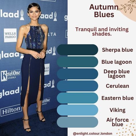 Tci Dark Autumn, Blue For Soft Autumn, Blue Autumn Color Analysis, Deep Autumn Blue Palette, Warm Undertone Outfits, Deep Autumn Palette Outfits, Blue Autumn Color Palette, Deep Autumn Celebrities, Dark Autumn Outfits For Summer