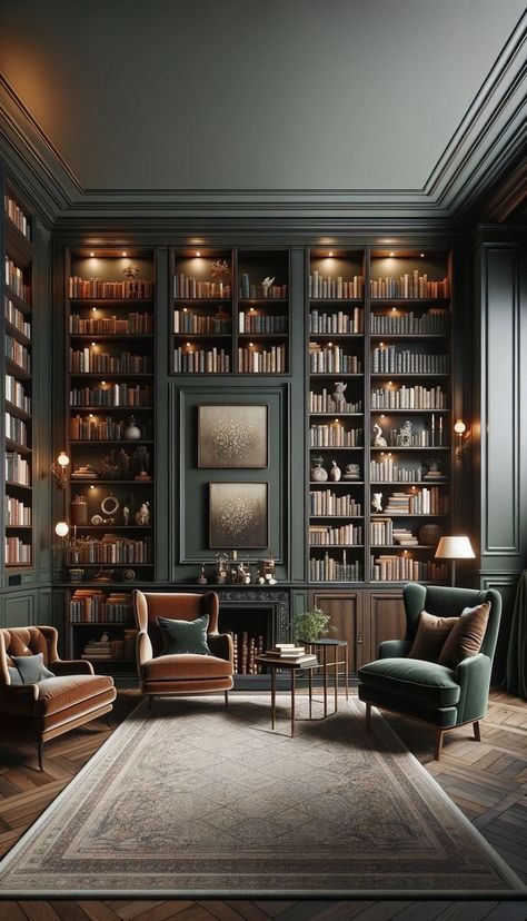 Rich Library Aesthetic, In The Likely Event Book Aesthetic, Old English Library Study, Large Library Room, Old Money Library Aesthetic, Classic Library Design, Cabinet Of Curiosities Aesthetic, Dark Library Room, English Decor Traditional