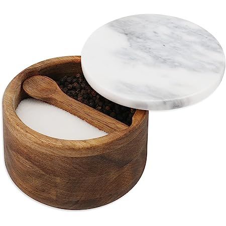 ✔ 【 No Chemical Smell 】Our salt and pepper box is made of natural acacia wood,which makes it safe and no chemical smell . Maintenance method: Clean with a damp cloth and place it in a ventilated place to dry. ✔【Marble Lid】Salt and Pepper Bowl with Marble lid, which can be operated with one hand to remove and put back, adding ingredients smoothly.And the marble lid will keep the salt fresh and makes it perfect for easy storage. Bath Salt Containers, Salt Holder, Bath Salt Jars, Seasoning Organizer, Pasta Drying Rack, Salt Bowl, Salt And Pepper Holder, Salt Jar, Salt Container