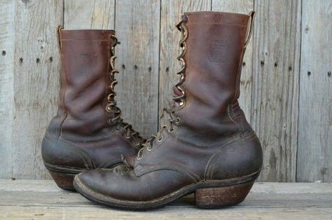 Nicks packer boots. 70s Vintage Work Boots With Leather Lining, Vintage Oiled Leather Work Boots With Snip Toe, Packer Boots, Vintage Leather Ankle-high Work Boots, Nicks Boots, Edwardian Mens Boots, Vintage Danner Boots, Dirty Boots, Tactical Survival