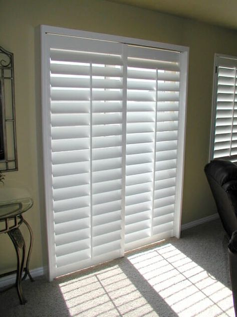 Sliding Glass Door Decor, Window Shutters Inside, Sliding Glass Door Shutters, Shutters For Sliding Glass Doors, Sliding Door Coverings, Sliding Door Shutters, Sliding Glass Door Coverings, Shutters Inside, Patio Door Window Treatments