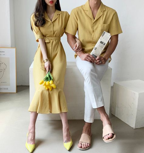 Korean Couple Fashion - Official Korean Fashion Couple Same Clothes Outfits, Monochromatic Couple Outfit, Yellow And White Couple Outfit, Yellow Couple Outfit, Couple Outfits Matching Classy Casual, Korean Couple Fashion Outfits, Cute Couple Outfits Korean, Couple Korean Outfit, Couple Fashion Matching