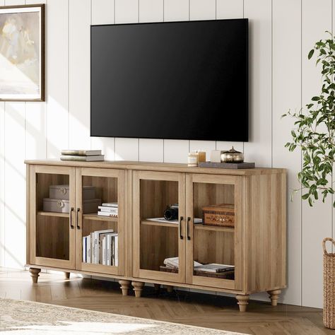 PRICES MAY VARY. 【2-in-1 Multipurpose TV Cabinet】The 2-in-1 large tv stand can be used separately as two glass cabinets. In addition to entertainment center, it can be placed in the dining room as a kitchen buffet cabinet or in the entryway as a console table. They are sent separately in two packages, so you may receive them at different times. 【Large Storage TV Stand】This modern media console comes with 4 cabinet storage spaces w/ 3-level adjustable and removable shelf in the middle, providing Long Tv Stand Ideas For Living Room, Oak Entertainment Center, Tv Stand With Glass Doors, Kitchen Buffet Cabinet, Apartment Things, Modern Media Console, Large Tv Stands, Colorado House, Wood Tv Console