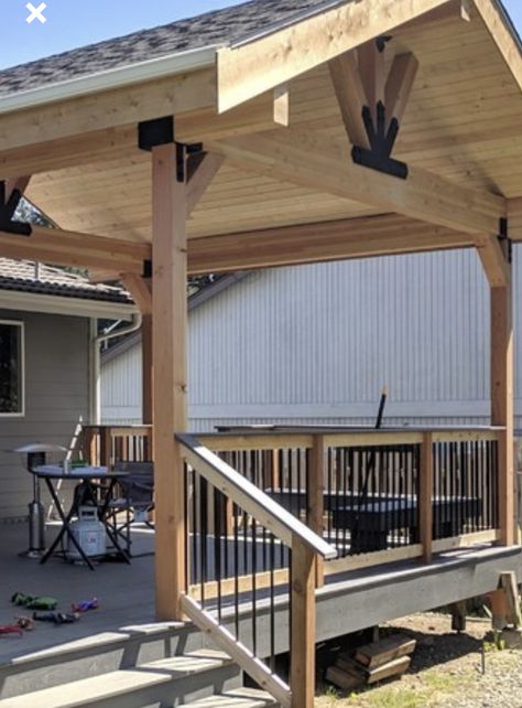 Partial Roof Over Deck, Roof Extension Over Deck, Garage Expansion, Deck Redo, Wood Deck Designs, Aluminum Railings, Deck Cover, Deck Remodel, House Addition